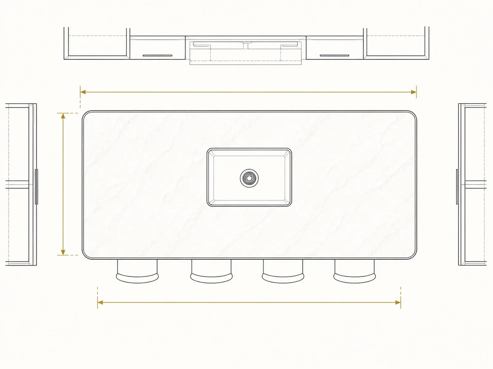 Architectural countertop plan showing a large island with a sink cutout
